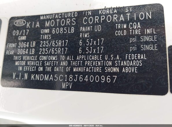 KNDMA5C18J6400967 2018 KIA SEDONA White Engine compartment view