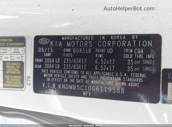 KNDMB5C10G6119588 2016 KIA SEDONA White Engine compartment view