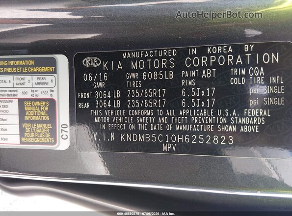 KNDMB5C10H6252823 2017 KIA SEDONA Gray Вид підкапотного простору