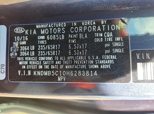 KNDMB5C10H6283814 2017 KIA SEDONA Blue Widok naklejki z numerem VIN
