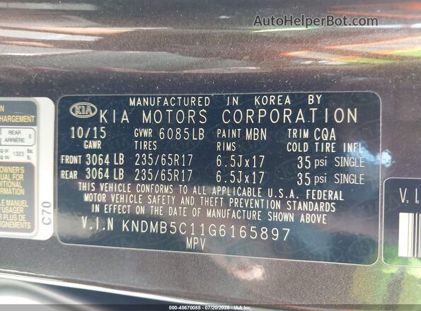 KNDMB5C11G6165897 2016 KIA SEDONA Brown Engine compartment view