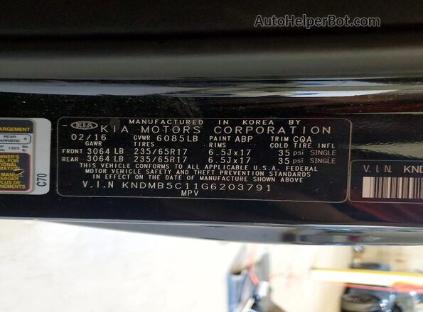 KNDMB5C11G6203791 2016 KIA SEDONA Black Вид наклейки з VIN-кодом
