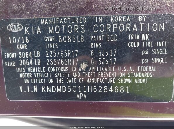 KNDMB5C11H6284681 2017 KIA SEDONA Burgundy Engine compartment view
