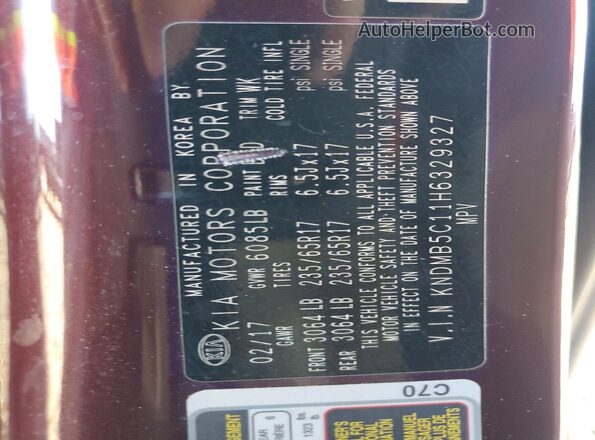 KNDMB5C11H6329327 2017 KIA SEDONA Maroon Widok naklejki z numerem VIN