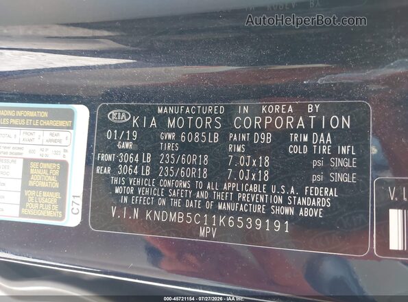 KNDMB5C11K6539191 2019 KIA SEDONA Dark Blue Vista del compartimento del motor