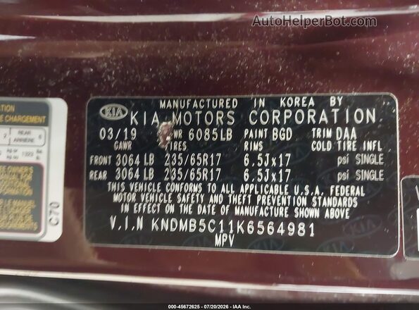 KNDMB5C11K6564981 2019 KIA SEDONA Бордовый Вид подкапотного пространства