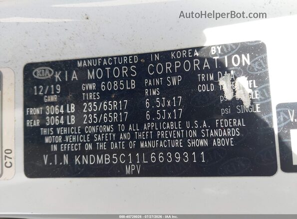 KNDMB5C11L6639311 2020 KIA SEDONA White Widok komory silnika