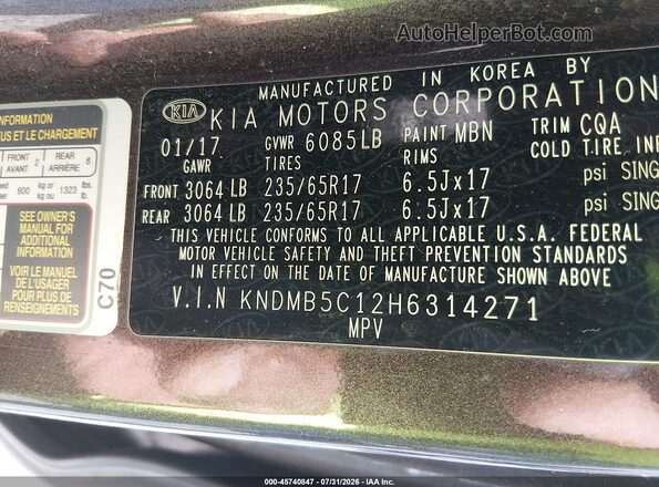 KNDMB5C12H6314271 2017 KIA SEDONA Gray Շարժիչի բաժամունքի տեսք