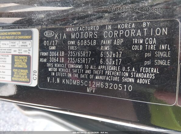 KNDMB5C12H6320510 2017 KIA SEDONA Black Շարժիչի բաժամունքի տեսք