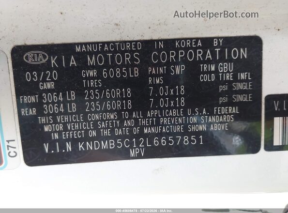 KNDMB5C12L6657851 2020 KIA SEDONA White Vista del compartimento del motor