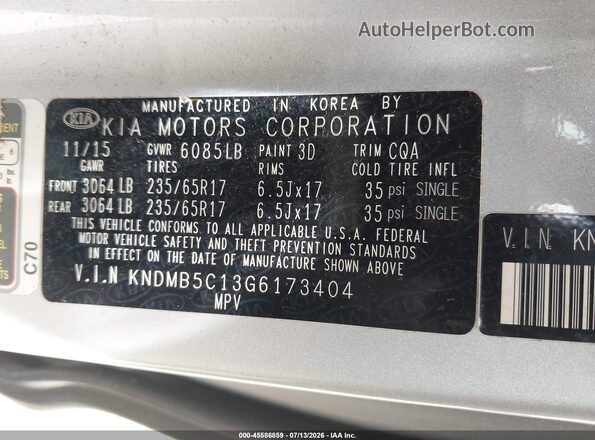 KNDMB5C13G6173404 2016 KIA SEDONA Gray Вид підкапотного простору