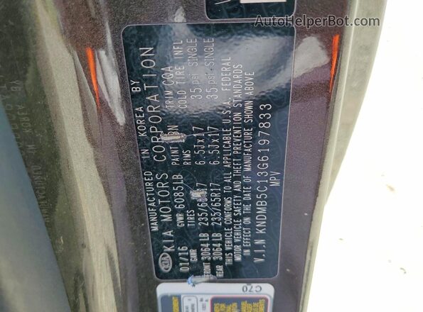 KNDMB5C13G6197833 2016 KIA SEDONA Gray VIN կոդի պիտակի տեսք