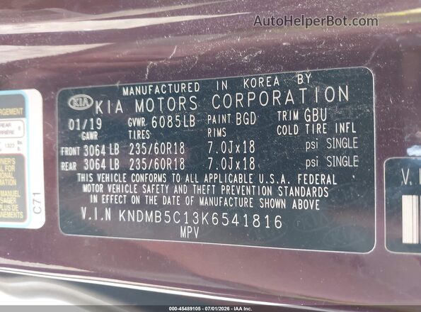 KNDMB5C13K6541816 2019 KIA SEDONA Maroon VIN կոդի պիտակի տեսք
