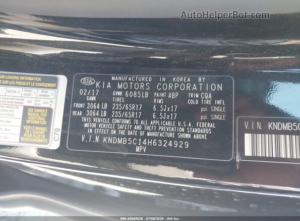 KNDMB5C14H6324929 2017 KIA SEDONA Black Շարժիչի բաժամունքի տեսք