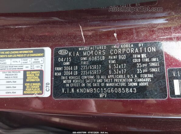 KNDMB5C15G6085843 2016 KIA SEDONA Red Շարժիչի բաժամունքի տեսք