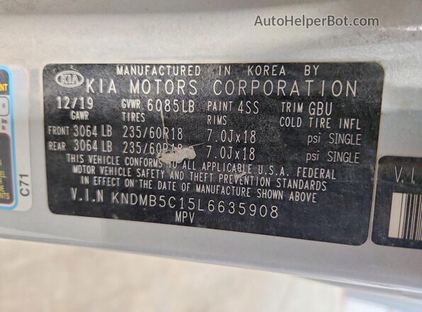KNDMB5C15L6635908 2020 KIA SEDONA Gray ძრავის განყოფილების ხედი