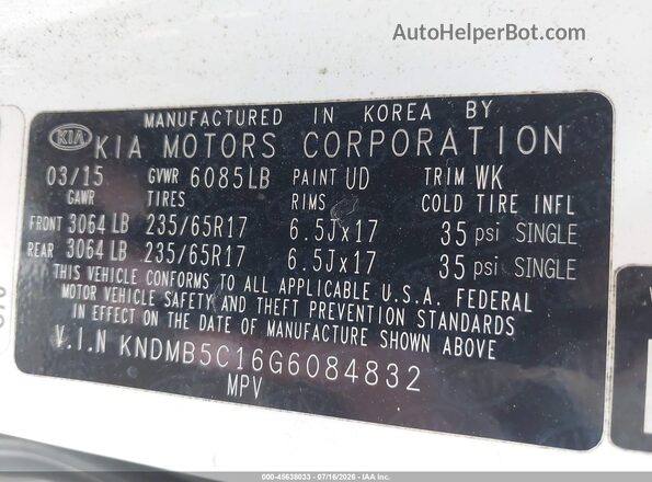 KNDMB5C16G6084832 2016 KIA SEDONA White Widok komory silnika