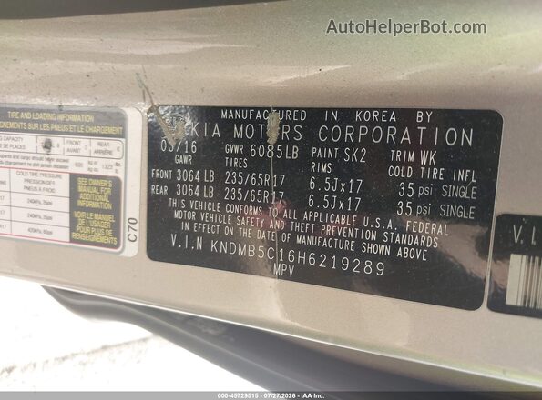 KNDMB5C16H6219289 2017 KIA SEDONA Tan Շարժիչի բաժամունքի տեսք