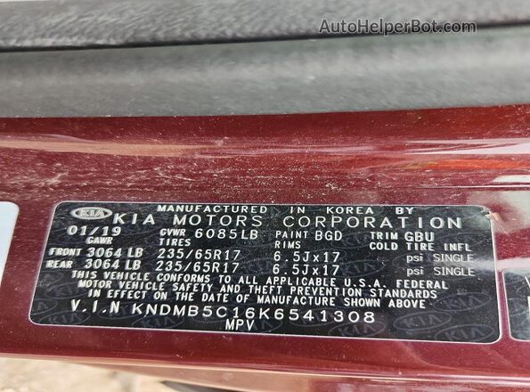 KNDMB5C16K6541308 2019 KIA SEDONA Burgundy VIN կոդի պիտակի տեսք