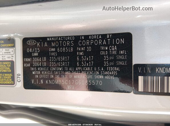 KNDMB5C17G6085570 2016 KIA SEDONA Silver ძრავის განყოფილების ხედი