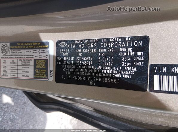 KNDMB5C17G6185863 2016 KIA SEDONA Beige Vista del compartimento del motor