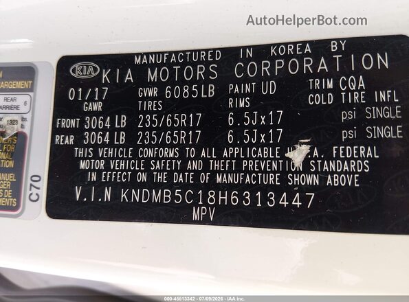 KNDMB5C18H6313447 2017 KIA SEDONA White Vista del compartimento del motor