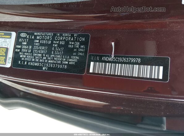 KNDMB5C19J6379978 2018 KIA SEDONA Maroon VIN sticker view