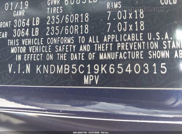 KNDMB5C19K6540315 2019 KIA SEDONA Navy Շարժիչի բաժամունքի տեսք