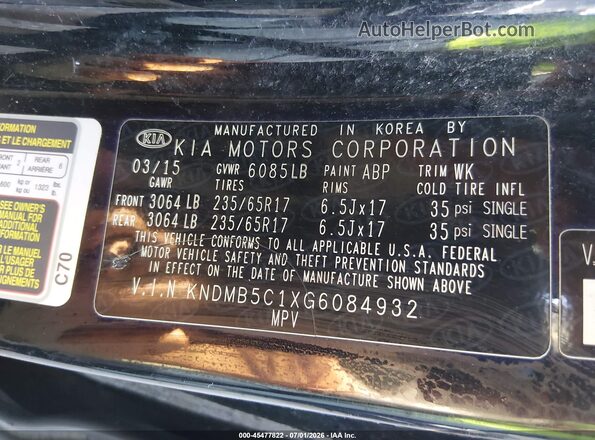 KNDMB5C1XG6084932 2016 KIA SEDONA Black ძრავის განყოფილების ხედი