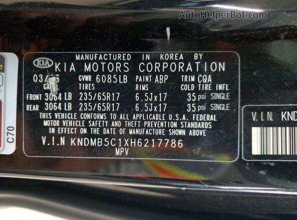 KNDMB5C1XH6217786 2017 KIA SEDONA Black VIN კოდის სტიკერის ხედი