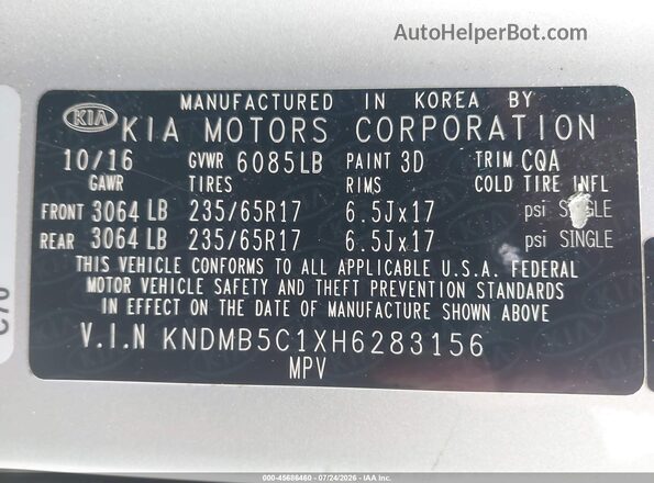 KNDMB5C1XH6283156 2017 KIA SEDONA Silver Engine compartment view