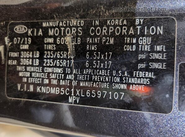 KNDMB5C1XL6597107 2020 KIA SEDONA Черный Вид наклейки с VIN-кодом