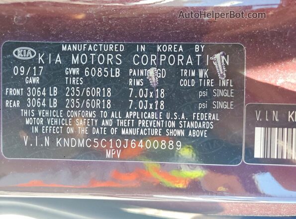 KNDMC5C10J6400889 2018 KIA SEDONA Maroon Widok naklejki z numerem VIN