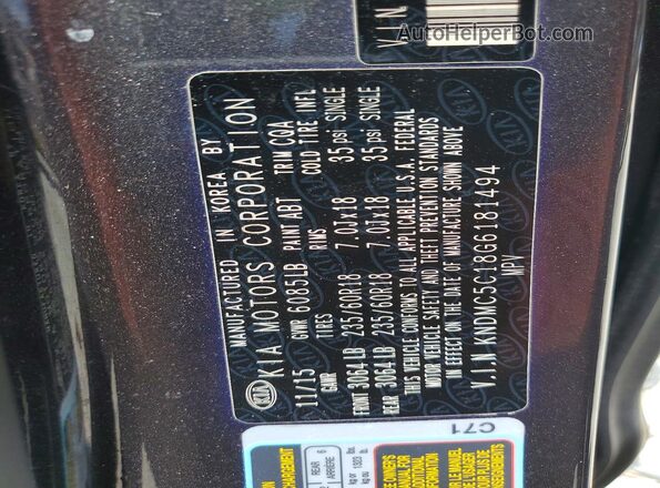 KNDMC5C18G6181494 2016 KIA SEDONA Gray VIN կոդի պիտակի տեսք