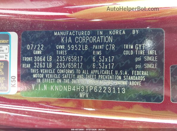 KNDNB4H31P6223113 2023 KIA CARNIVAL MPV Red Vista del compartimento del motor