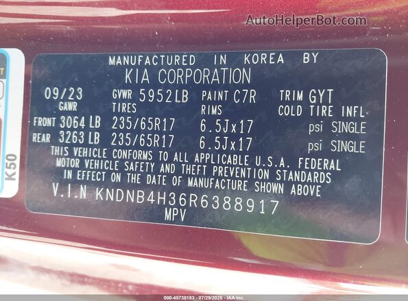 KNDNB4H36R6388917 2024 KIA CARNIVAL MPV Red ძრავის განყოფილების ხედი