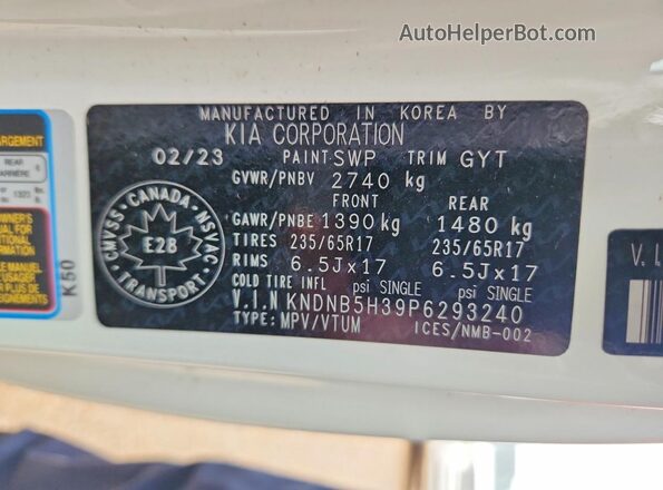 KNDNB5H39P6293240 2023 KIA CARNIVAL White VIN sticker view