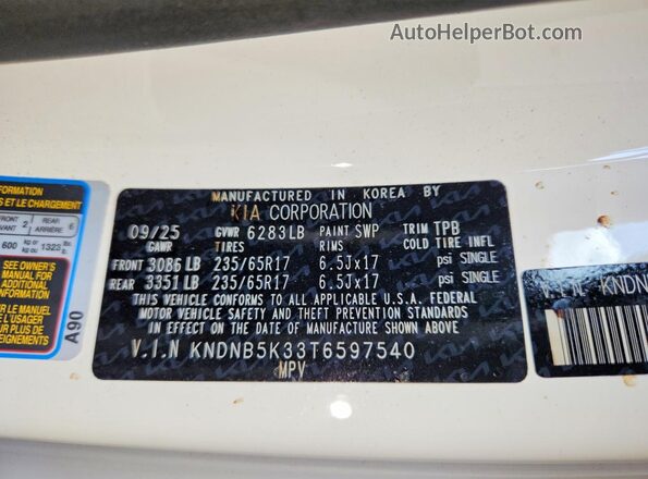 KNDNB5K33T6597540 2026 KIA CARNIVAL White Vista de la etiqueta del VIN