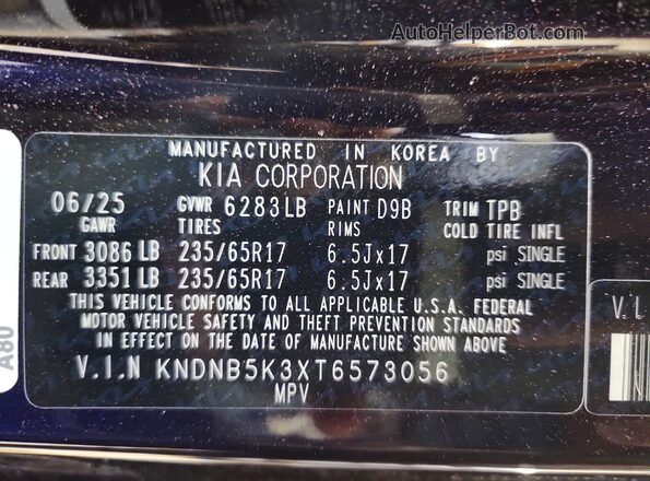 KNDNB5K3XT6573056 2026 KIA CARNIVAL Blue VIN կոդի պիտակի տեսք