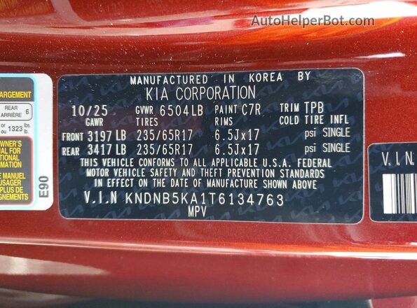 KNDNB5KA1T6134763 2026 KIA CARNIVAL Burgundy VIN sticker view