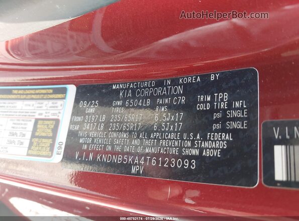 KNDNB5KA4T6123093 2026 KIA CARNIVAL MPV HYBRID Red Vista del compartimento del motor