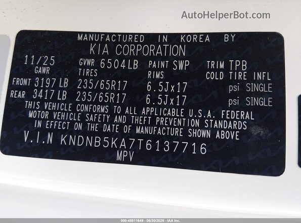 KNDNB5KA7T6137716 2026 KIA CARNIVAL MPV HYBRID White Vista del compartimento del motor