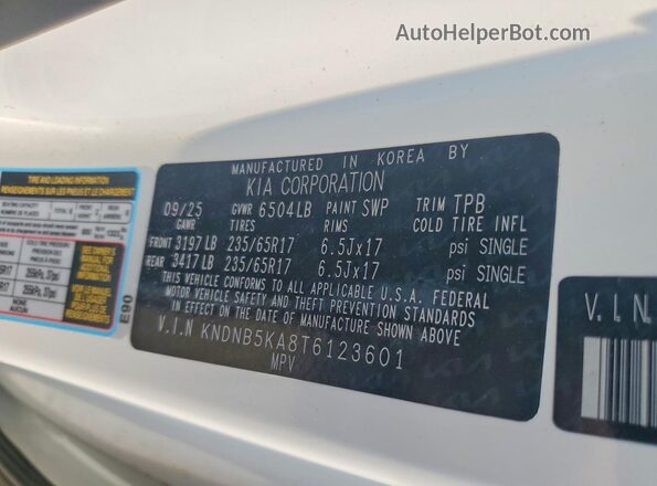 KNDNB5KA8T6123601 2026 KIA CARNIVAL Белый Вид наклейки с VIN-кодом