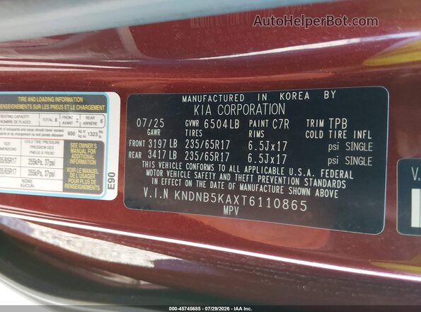 KNDNB5KAXT6110865 2026 KIA CARNIVAL MPV HYBRID Бордовый Вид подкапотного пространства