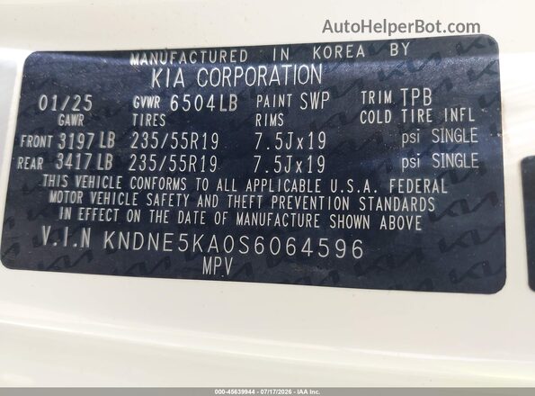KNDNE5KA0S6064596 2025 KIA CARNIVAL MPV HYBRID White Widok komory silnika