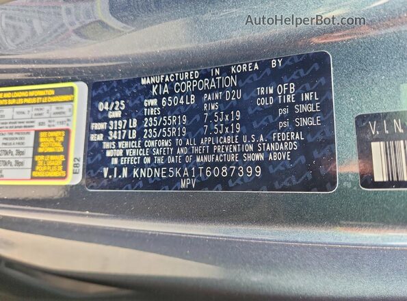 KNDNE5KA1T6087399 2026 KIA CARNIVAL Blue Вид наклейки з VIN-кодом