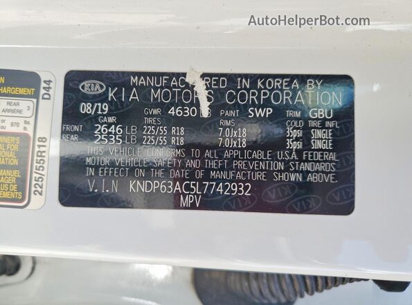 KNDP63AC5L7742932 2020 KIA SPORTAGE White VIN կոդի պիտակի տեսք