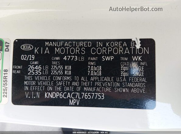 KNDP6CAC7L7657753 2020 KIA SPORTAGE White Engine compartment view