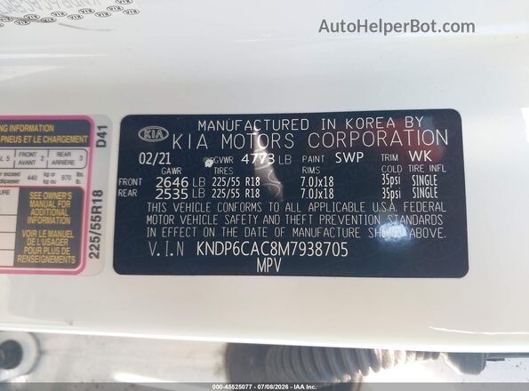KNDP6CAC8M7938705 2021 KIA SPORTAGE White Շարժիչի բաժամունքի տեսք