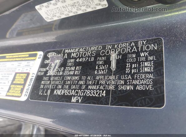 KNDPB3AC1G7833214 2016 KIA SPORTAGE Blue VIN sticker view